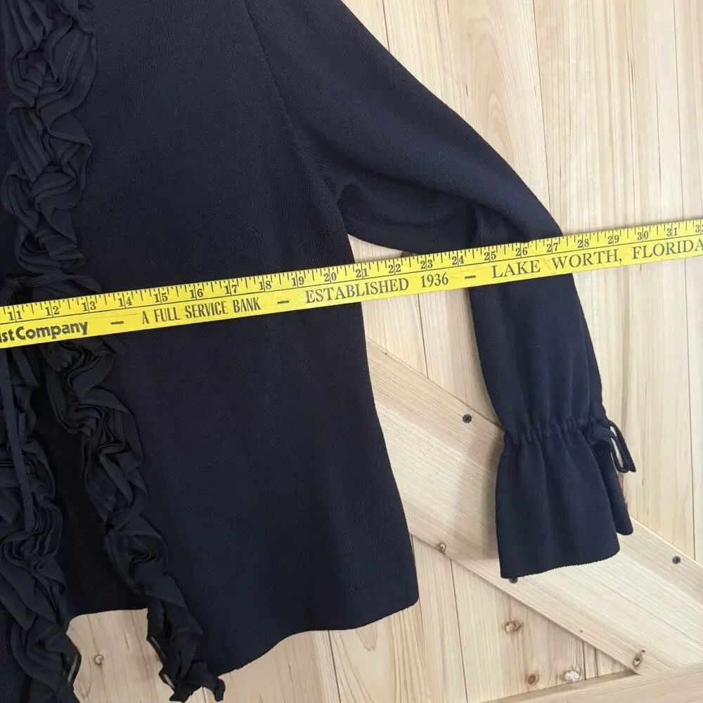 St.John Essentials Black Santana Knit Silk Ruffle Flutter Sleeve Cardigan Sz 12